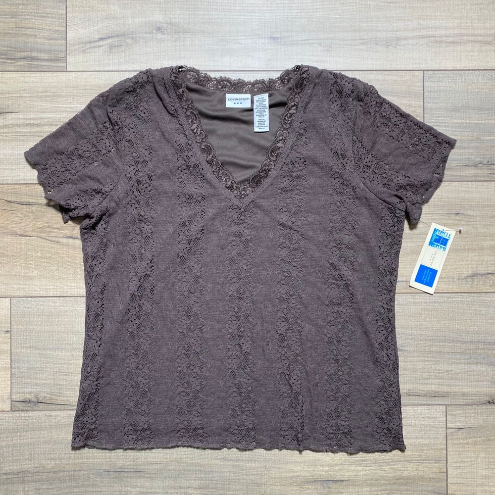 Covington‎ Womens Short Sleeve Lined Lace V-Neck Top Size XL Brown